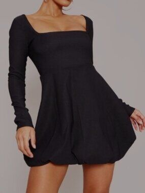 PrettyLittleThing Black Stretch Woven Long Sleeve Puffball Shift Dress